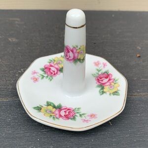 Porcelain Ring Holder Dish White w/pink roses & gold trim